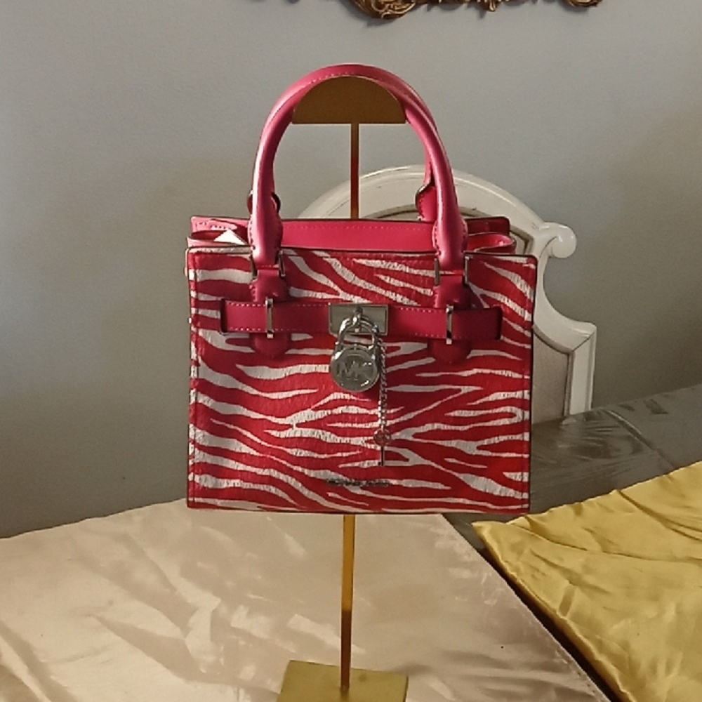 Michael Kors NWT Hamilton Small PINK Zebra Print Calf Hair Satchel $558 retail - Picture 2 of 7